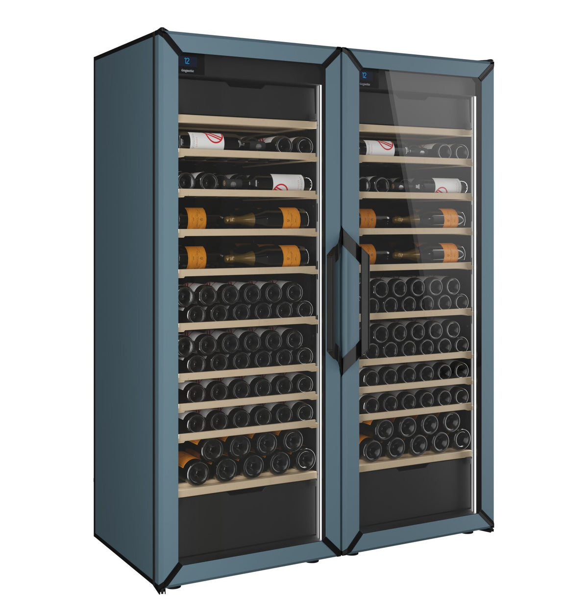 Pair of slate blue wine refrigerators with glass doors and rows of wine bottles