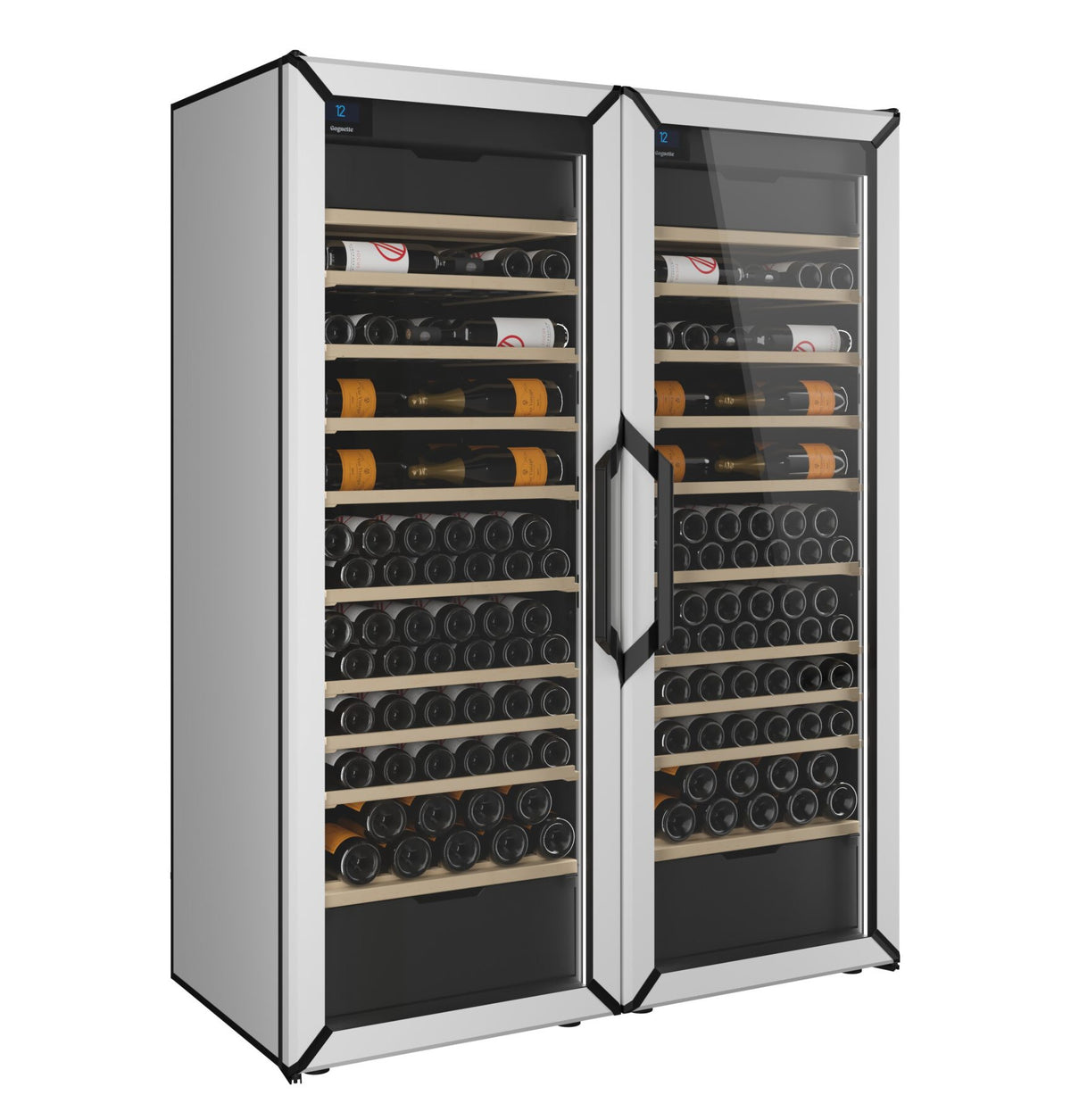 Pair of white wine refrigerators with glass doors and rows of wine bottles