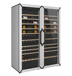 Pair of white wine refrigerators with glass doors and rows of wine bottles