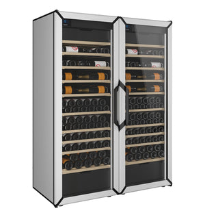 Pair of white wine refrigerators with glass doors and rows of wine bottles