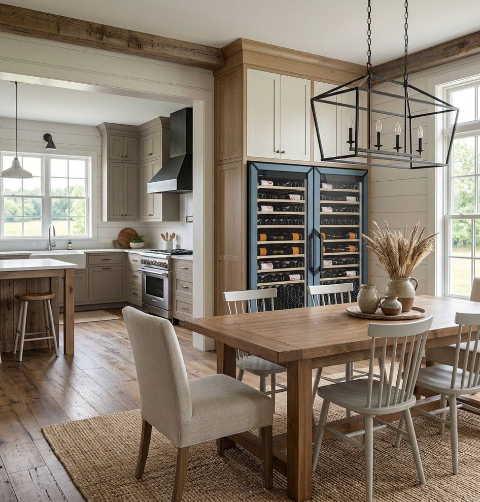 Pair of side-by-side wine refrigerators with glass doors and bottle-filled wooden racks