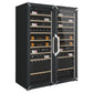Black side-by-side wine refrigerator with glass doors and wooden bottle shelves.