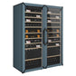 Slate blue side-by-side wine refrigerator with glass doors and wooden bottle shelves.