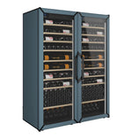 Slate blue side-by-side wine refrigerator with glass doors and wooden bottle shelves.