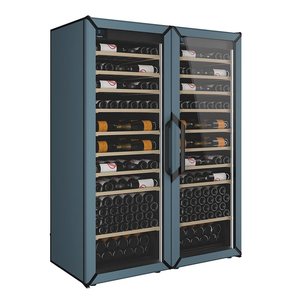 Slate blue side-by-side wine refrigerator with glass doors and wooden bottle shelves.