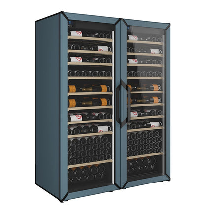 Slate blue side-by-side wine refrigerator with glass doors and wooden bottle shelves.