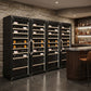 Four black wine refrigerators with glass doors and multiple bottle shelves