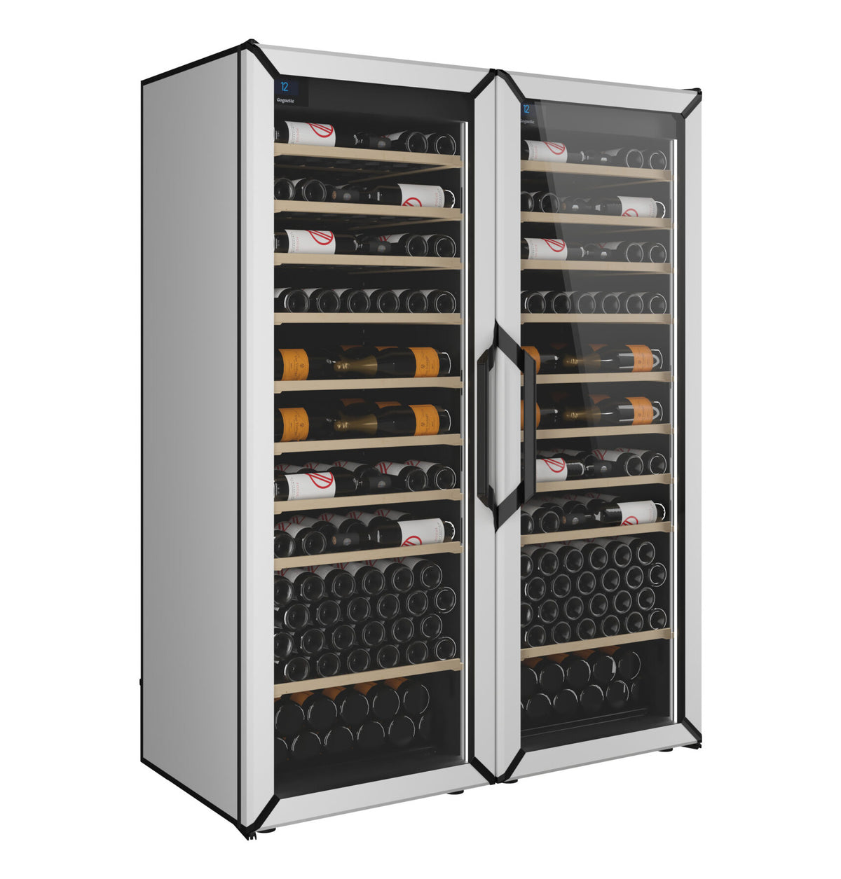 White side-by-side wine refrigerator with glass doors and wooden bottle shelves.