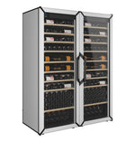 White side-by-side wine refrigerator with glass doors and wooden bottle shelves.