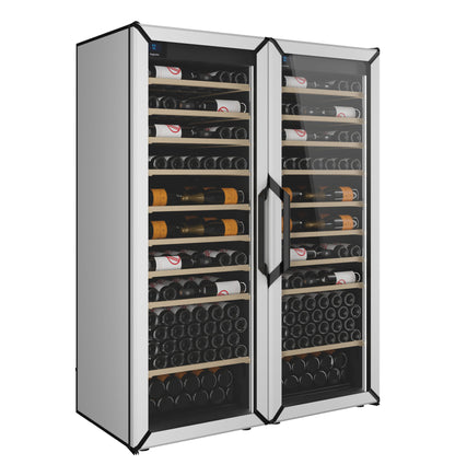 White side-by-side wine refrigerator with glass doors and wooden bottle shelves.