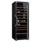 Goguette wine fridge in black, stocked with bottles on wooden shelves
