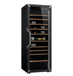 Goguette wine fridge in black, stocked with bottles on wooden shelves