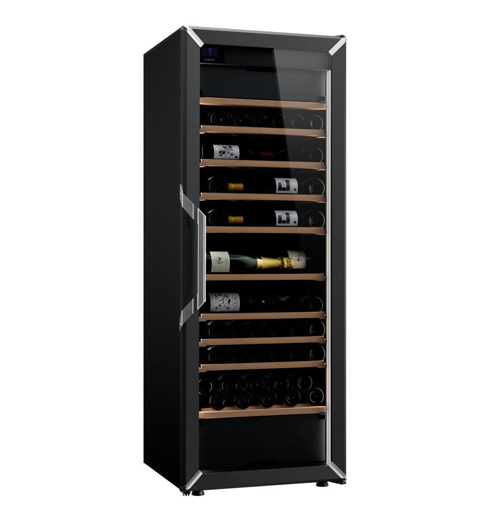 Goguette wine fridge in black, stocked with bottles on wooden shelves