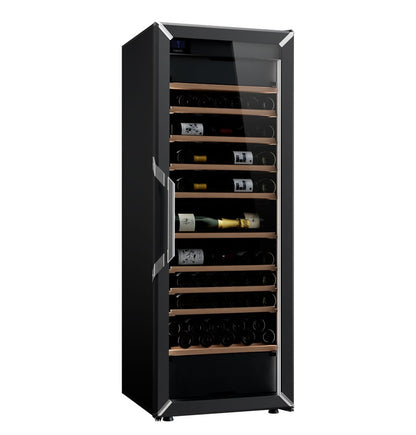 Goguette wine fridge in black, stocked with bottles on wooden shelves