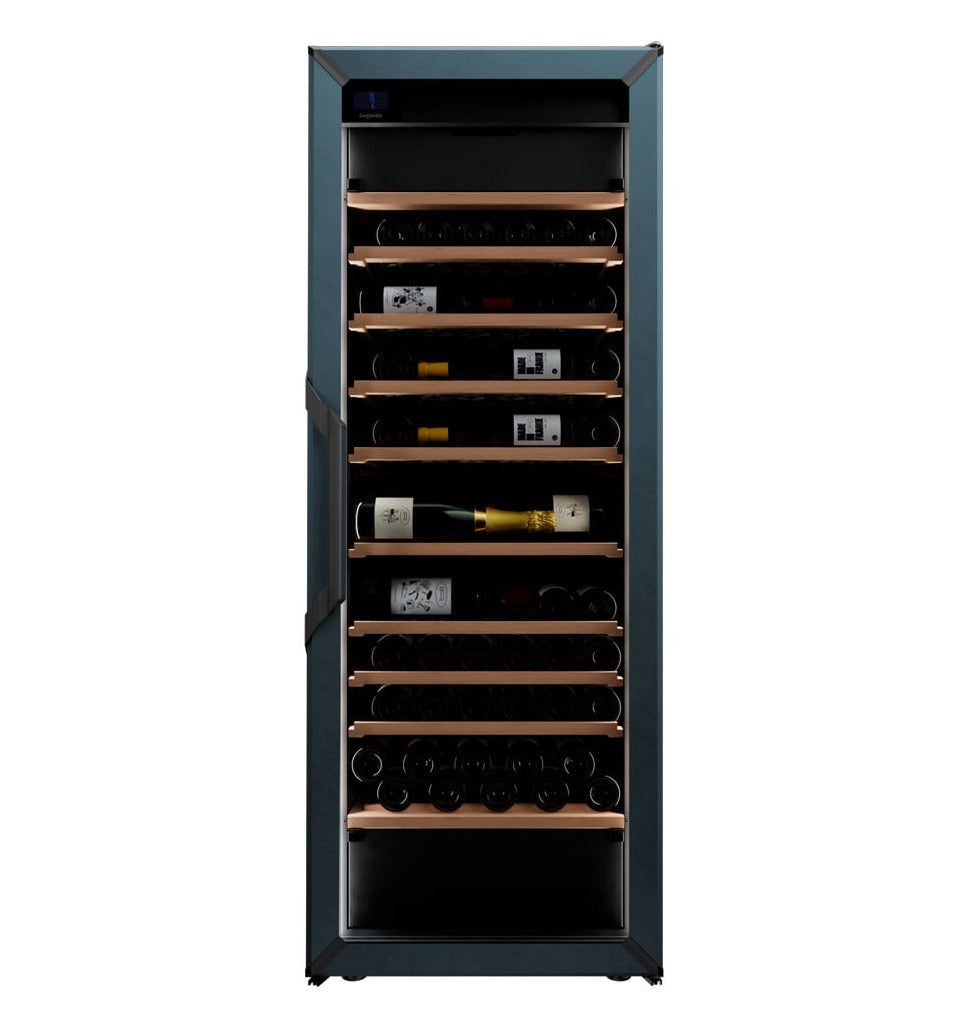 Goguette wine fridge in slate blue with wooden shelves and bottles