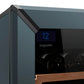 Slate blue wine fridge detail with digital temperature display and wooden shelf