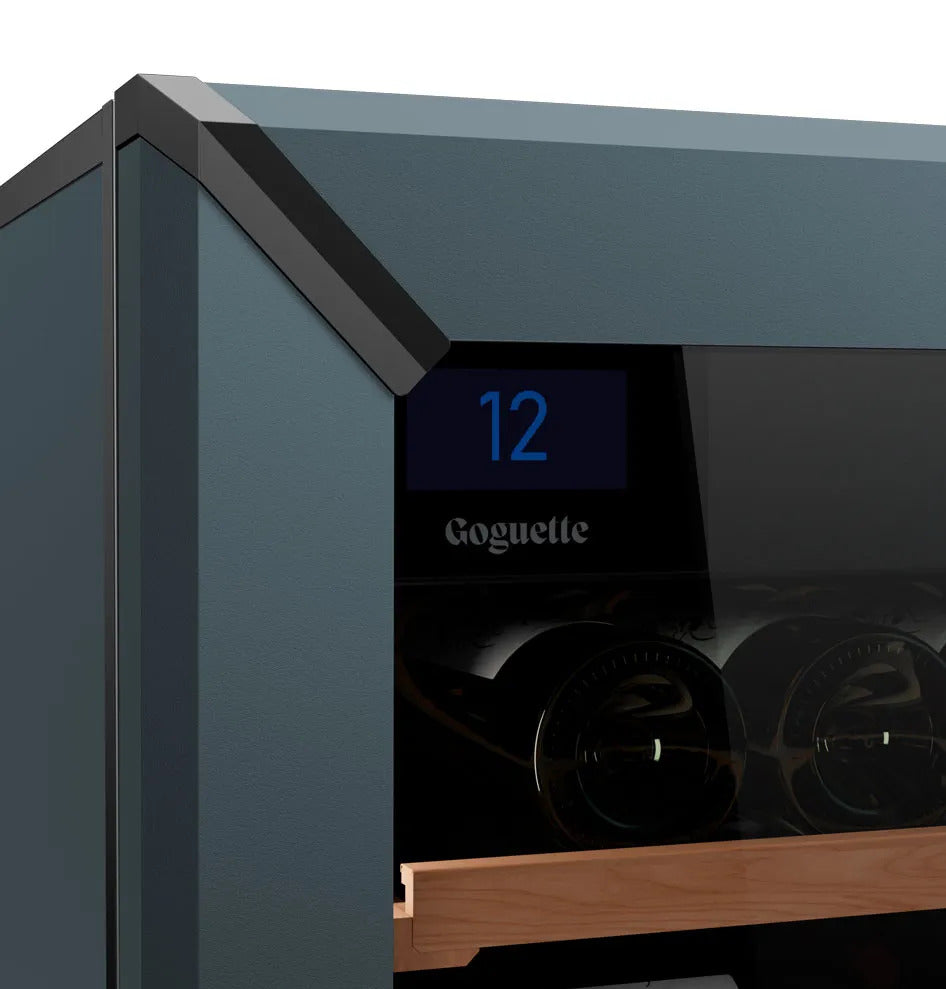 Slate blue wine fridge detail with digital temperature display and wooden shelf