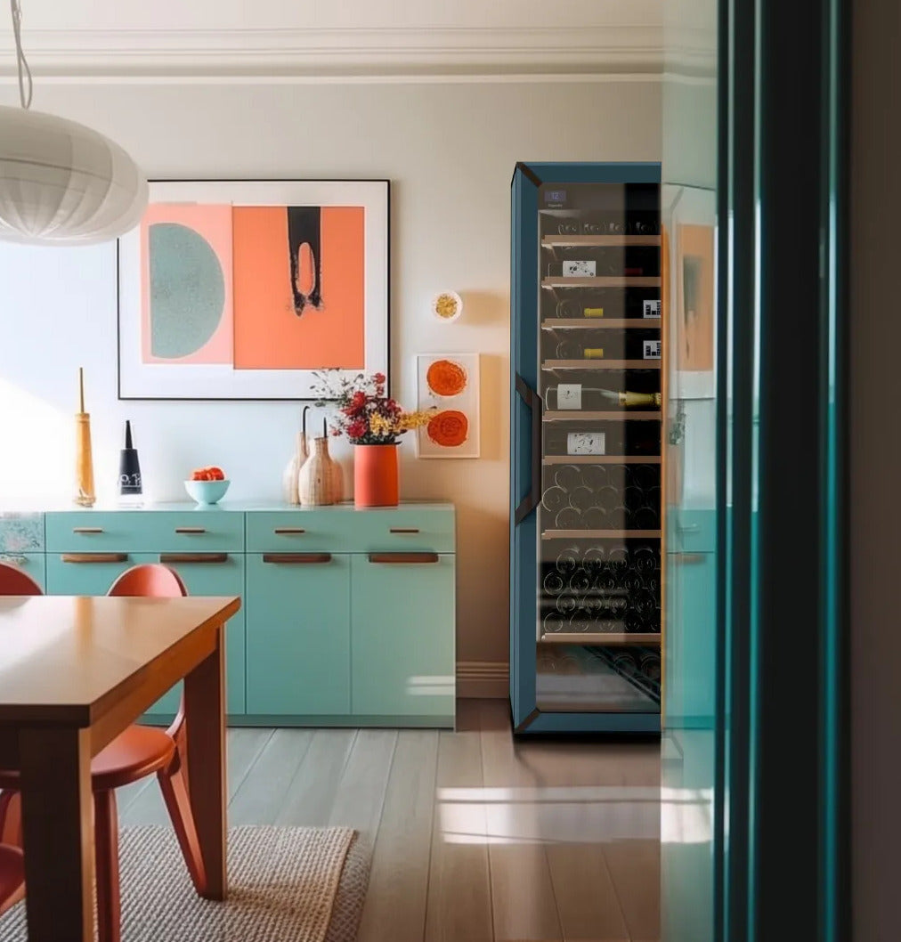 Slate blue wine fridge with glass door shown in a dining room