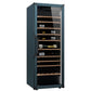 Goguette slate blue wine fridge with glass door, bottles and wooden shelves