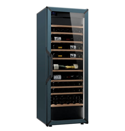 Goguette slate blue wine fridge with glass door, bottles and wooden shelves