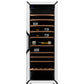 Large multi-zone wine fridge with a light-colored frame, glass door, and wooden shelves holding bottles
