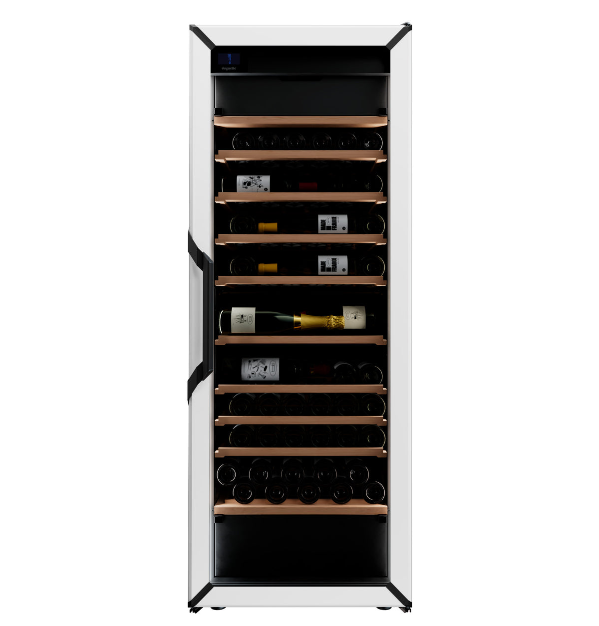Large multi-zone wine fridge with a light-colored frame, glass door, and wooden shelves holding bottles