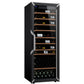 Black wine fridge with glass door, wooden shelves, and bottle storage