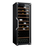 Black wine fridge with glass door, wooden shelves, and bottle storage