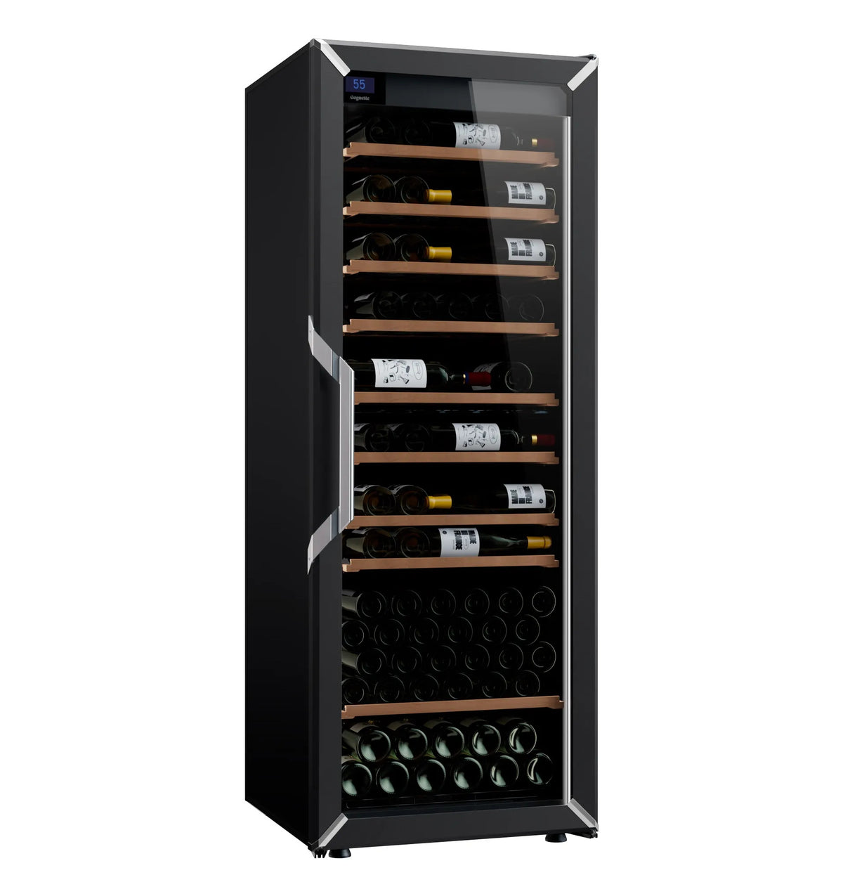 Black wine fridge with glass door, wooden shelves, and bottle storage