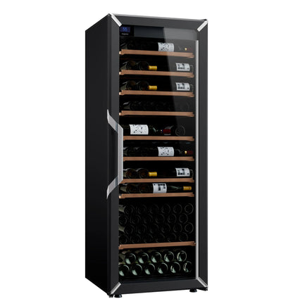 Black wine fridge with glass door, wooden shelves, and bottle storage