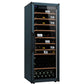 Slate blue wine fridge with glass door, wooden shelves, and bottle storage
