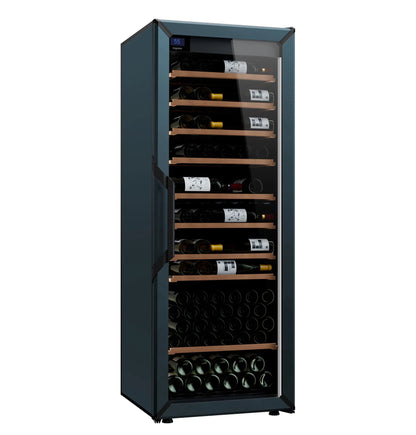 Slate blue wine fridge with glass door, wooden shelves, and bottle storage