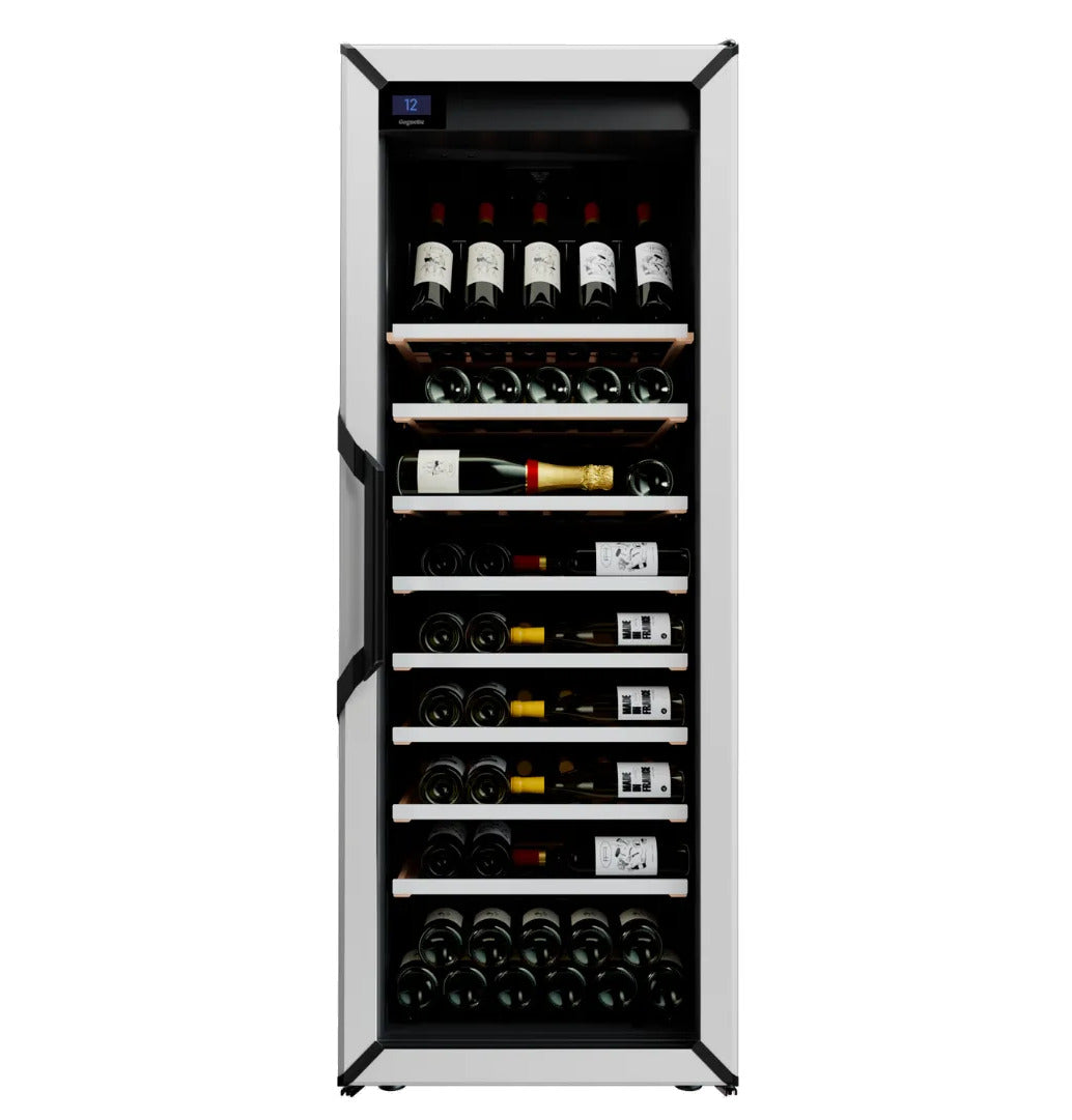 White wine fridge with glass door, wooden shelves, and rows of wine bottles