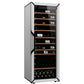 Goguette wine fridge in white with glass door, wooden shelves, and bottles