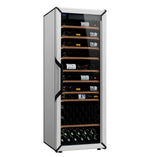 Goguette wine fridge in white with glass door, wooden shelves, and bottles