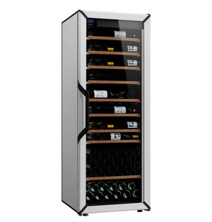Goguette wine fridge in white with glass door, wooden shelves, and bottles