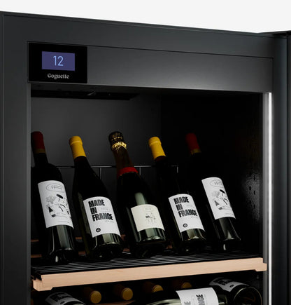 Goguette wine shelf insert supporting wine bottles on a wooden-edged rack