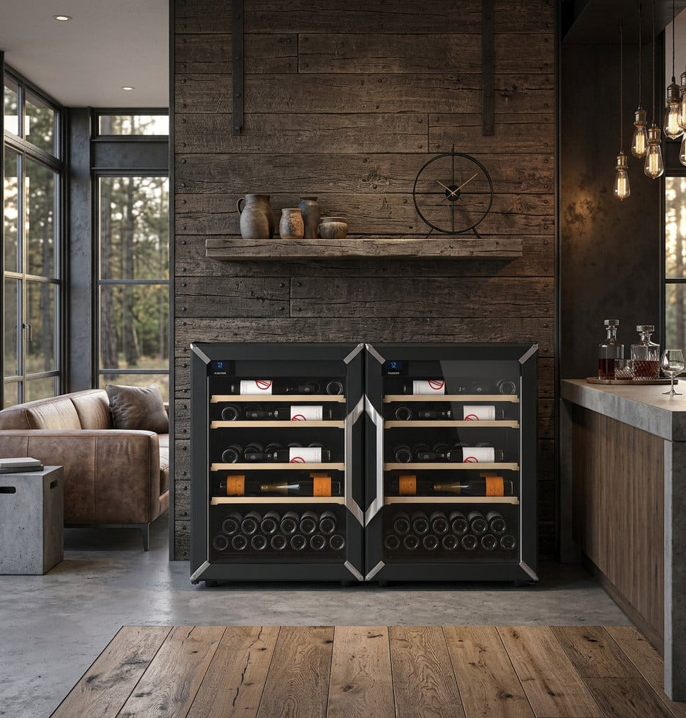 Pair of black wine refrigerators with glass doors and wooden bottle shelves
