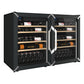 Pair of black wine refrigerators with glass doors and bottles on wooden shelves
