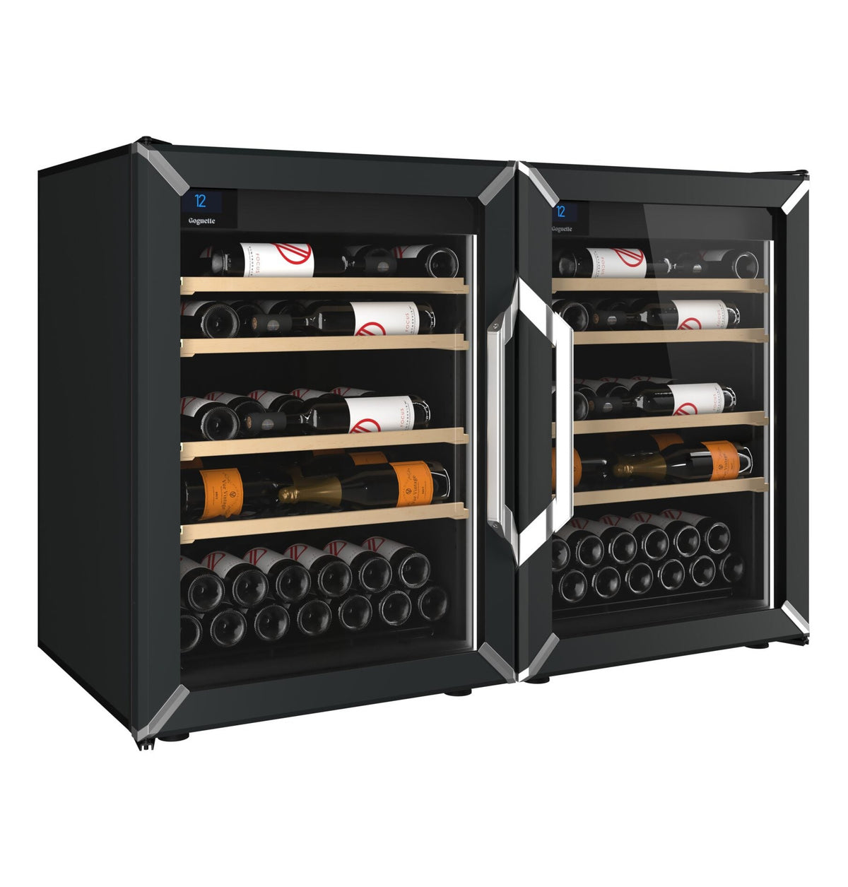 Pair of black wine refrigerators with glass doors and bottles on wooden shelves