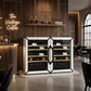 Pair of white wine refrigerators with glass doors and bottles on wooden shelves