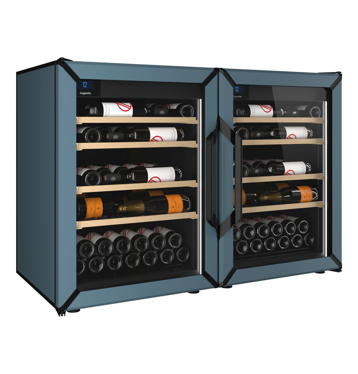 Pair of slate blue wine refrigerators with glass doors and bottles on wooden shelves