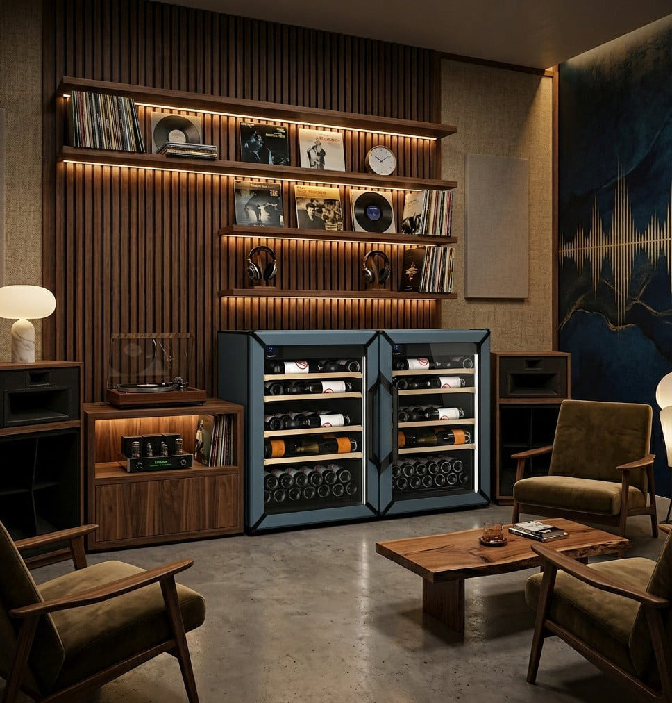 Pair of slate blue wine refrigerators with glass doors in a lounge