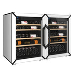 Goguette side-by-side wine refrigerator with two glass doors, wood shelves, and bottle storage