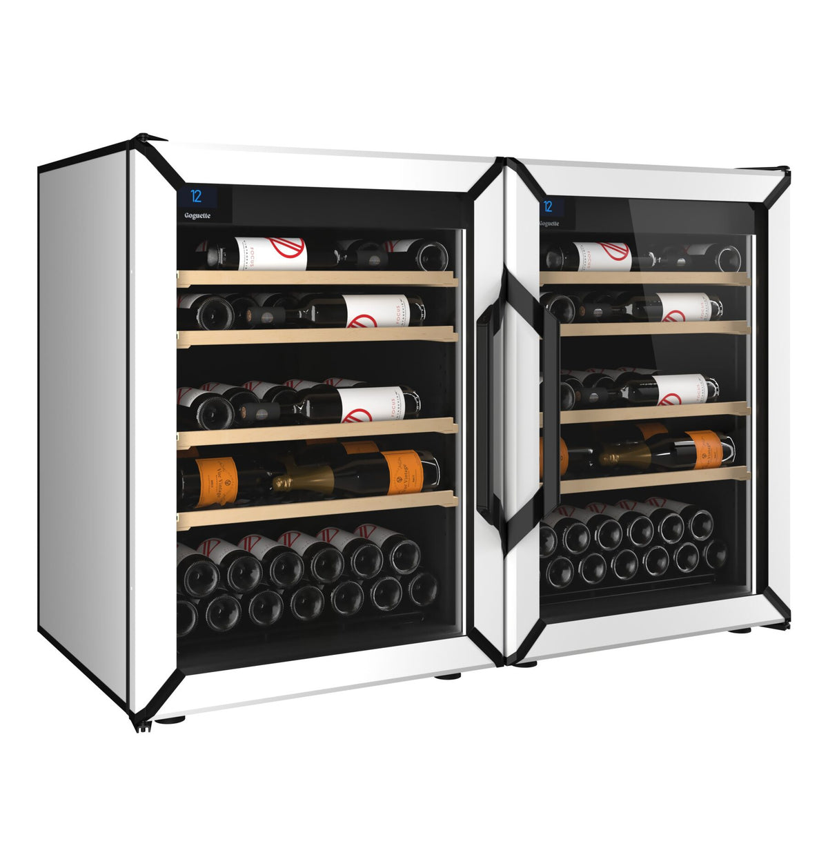 Goguette side-by-side wine refrigerator with two glass doors, wood shelves, and bottle storage
