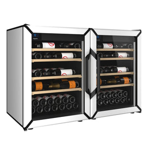 Goguette side-by-side wine refrigerator with two glass doors, wood shelves, and bottle storage