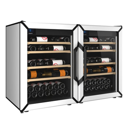 Goguette side-by-side wine refrigerator with two glass doors, wood shelves, and bottle storage