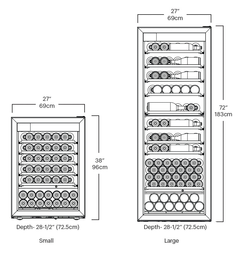 Wine fridge size diagram comparing small and large models with dimensions
