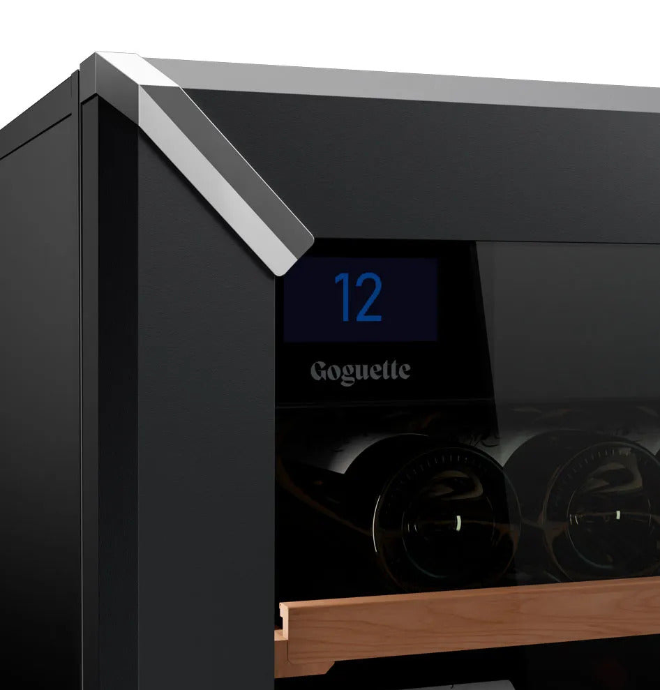 Goguette wine fridge close-up with black glass door and blue temperature display