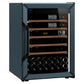 Slate blue Goguette wine fridge with wooden shelves and bottles stored inside